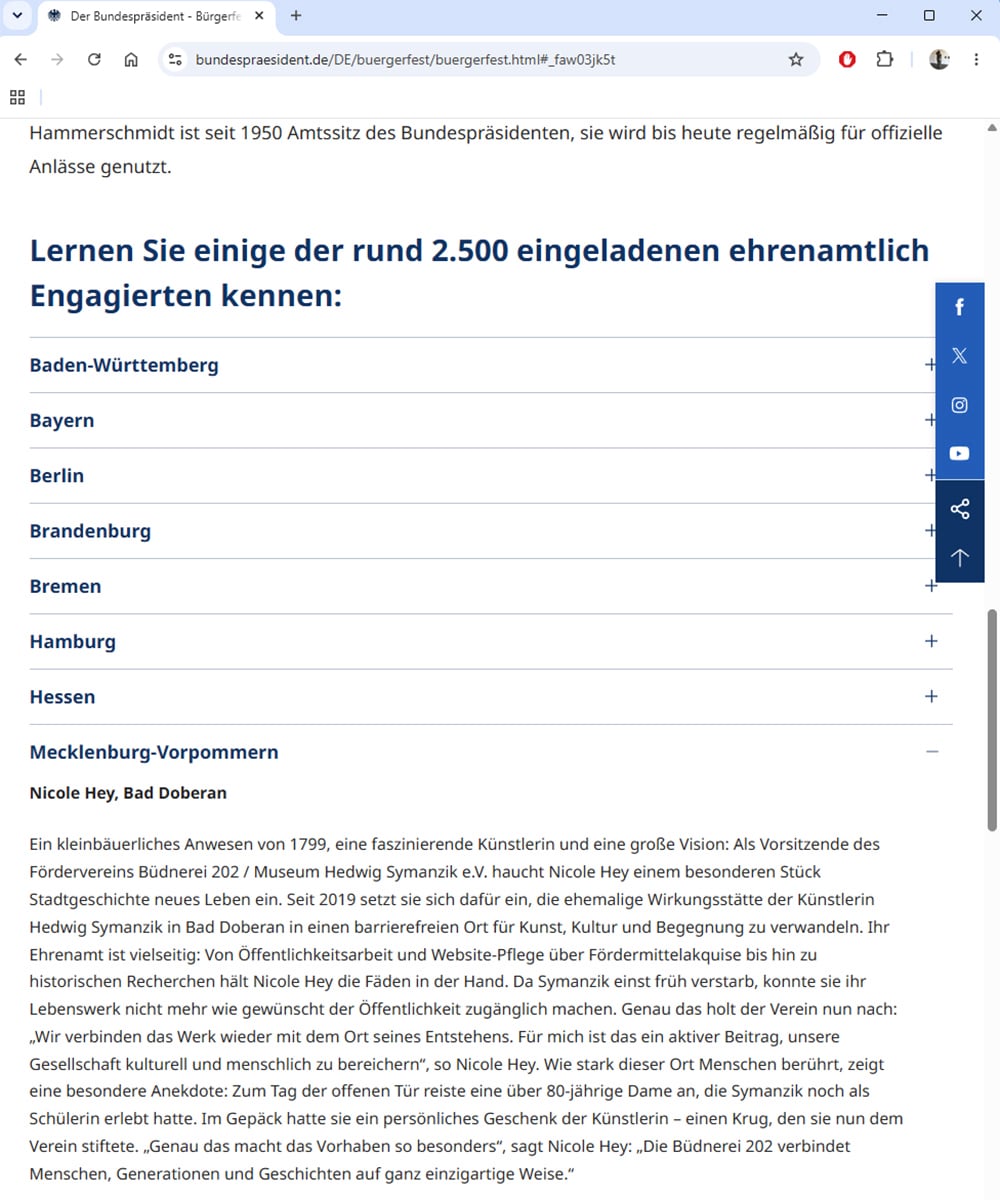 Text auf der Website des Bundespräsidenten zur Vorsitzenden Nicole Hey